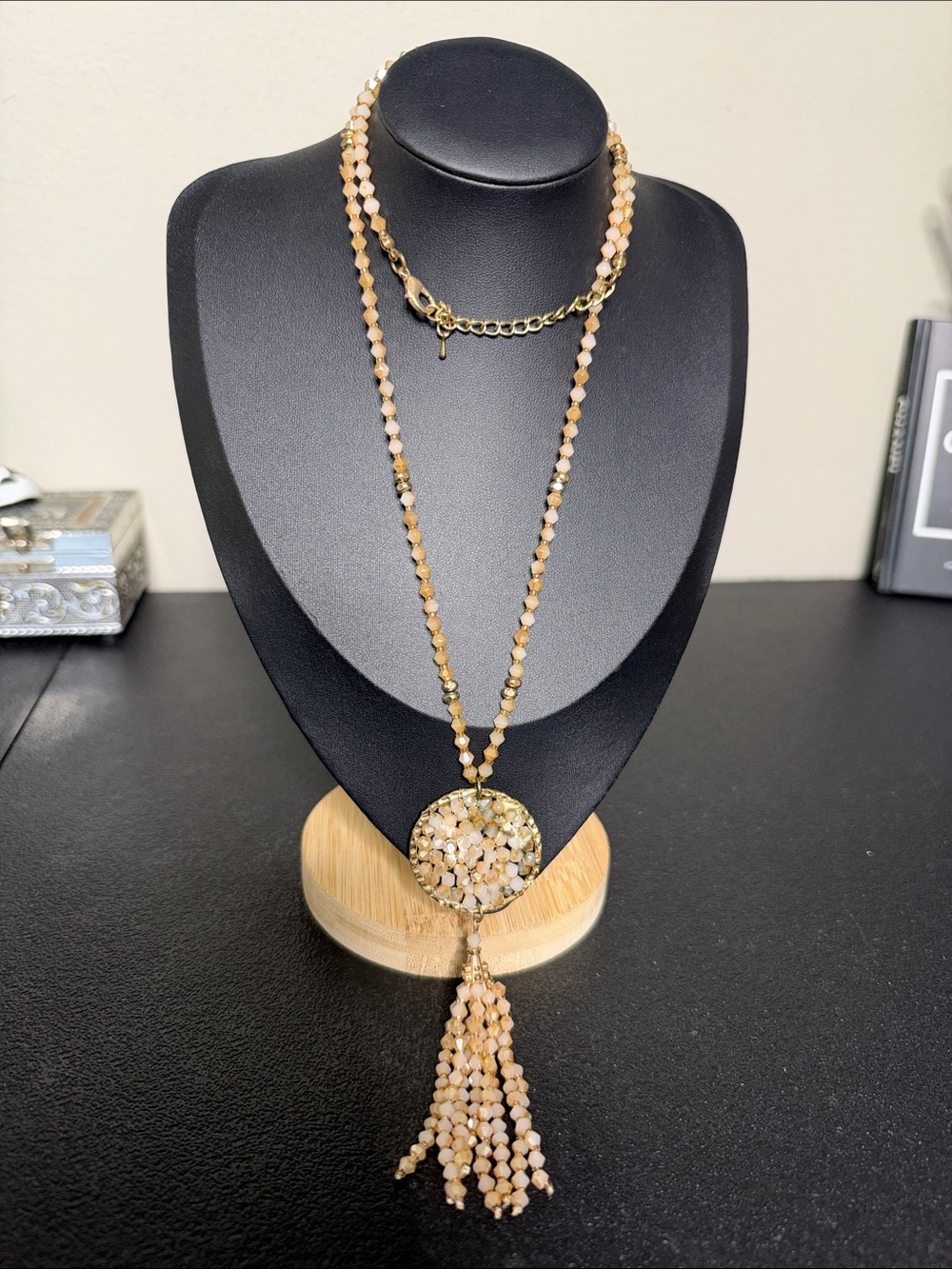 Boho Beige Beaded Tassel Pendant Long Necklace Gold Tone